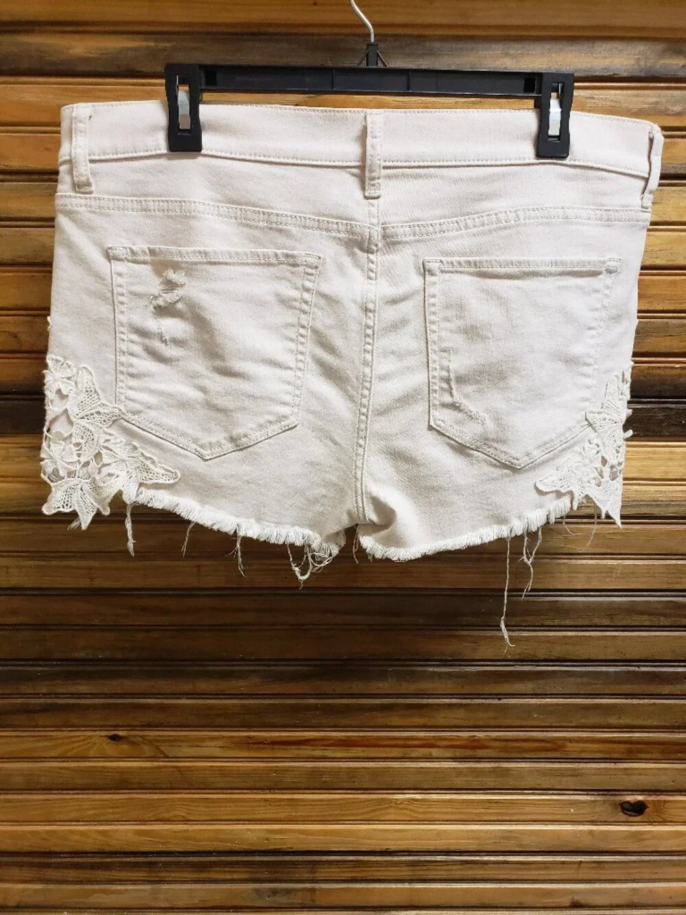 Express Beige Distressed Denim Shorts with Crochet Lace Detail Size 12 - Picture 4 of 4